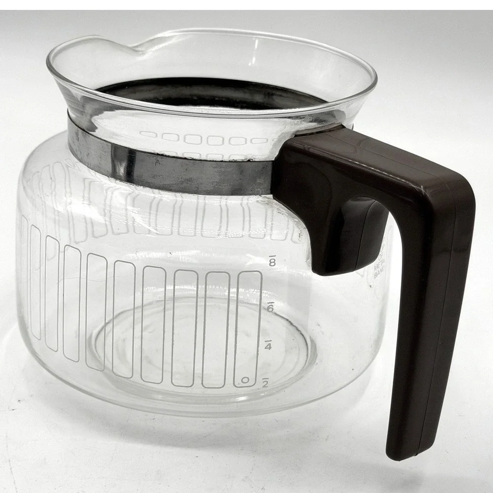 Vtg 10 Cup Glass Coffee Carafe Brown Handle MCM Geometric Line Pattern NO LID